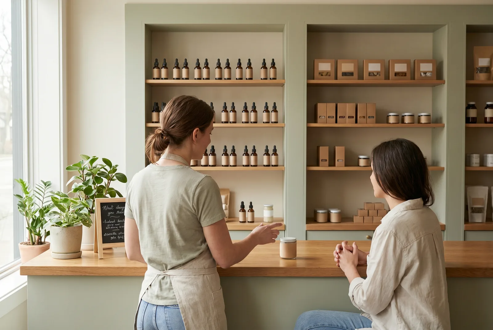 A shop staff member at a warm-wood retail counter explaining a product to a seated customer, with amber glass tincture bottles and neatly packaged hemp wellness items arranged on shelves behind them in soft natural daylight