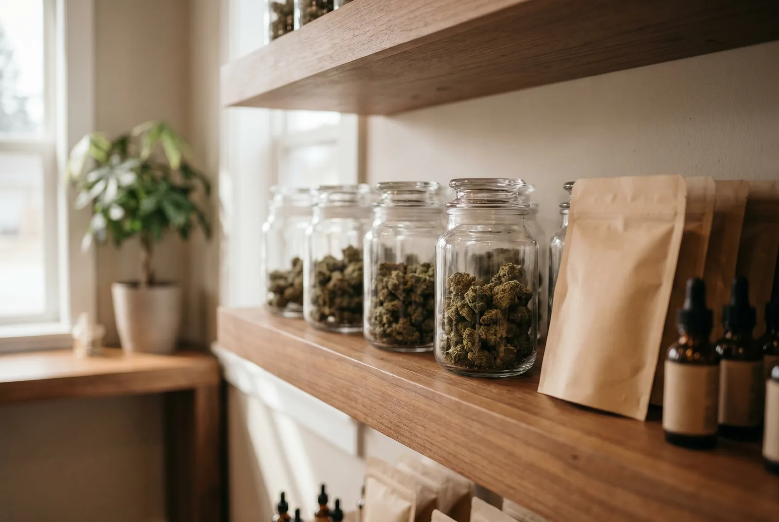 Close-up retail shelf display inside a small neighborhood hemp shop showing clear glass apothecary jars filled with dense cannabis flower buds arranged beside unbranded edible packages and small tincture bottles on warm wood