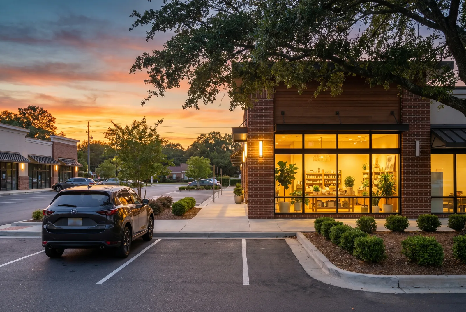 Suburban Southern-US commercial corner at golden hour with a well-lit small hemp dispensary storefront, warm interior light spilling onto the sidewalk, manicured landscaping, and a single parked SUV in the foreground parking area