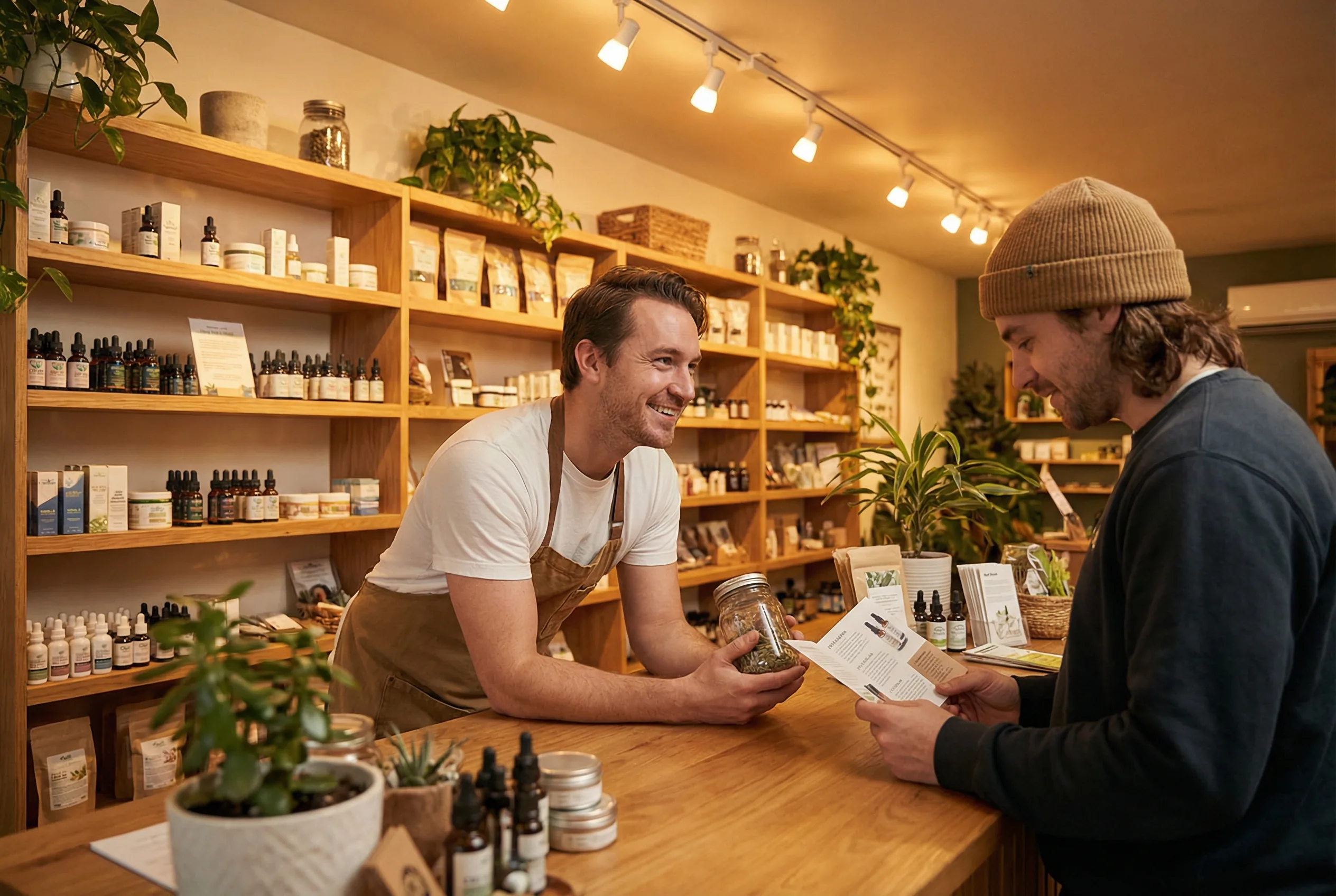 A knowledgeable hemp shop staff member helps a customer at a well-organized retail counter with hemp products displayed on shelving behind them