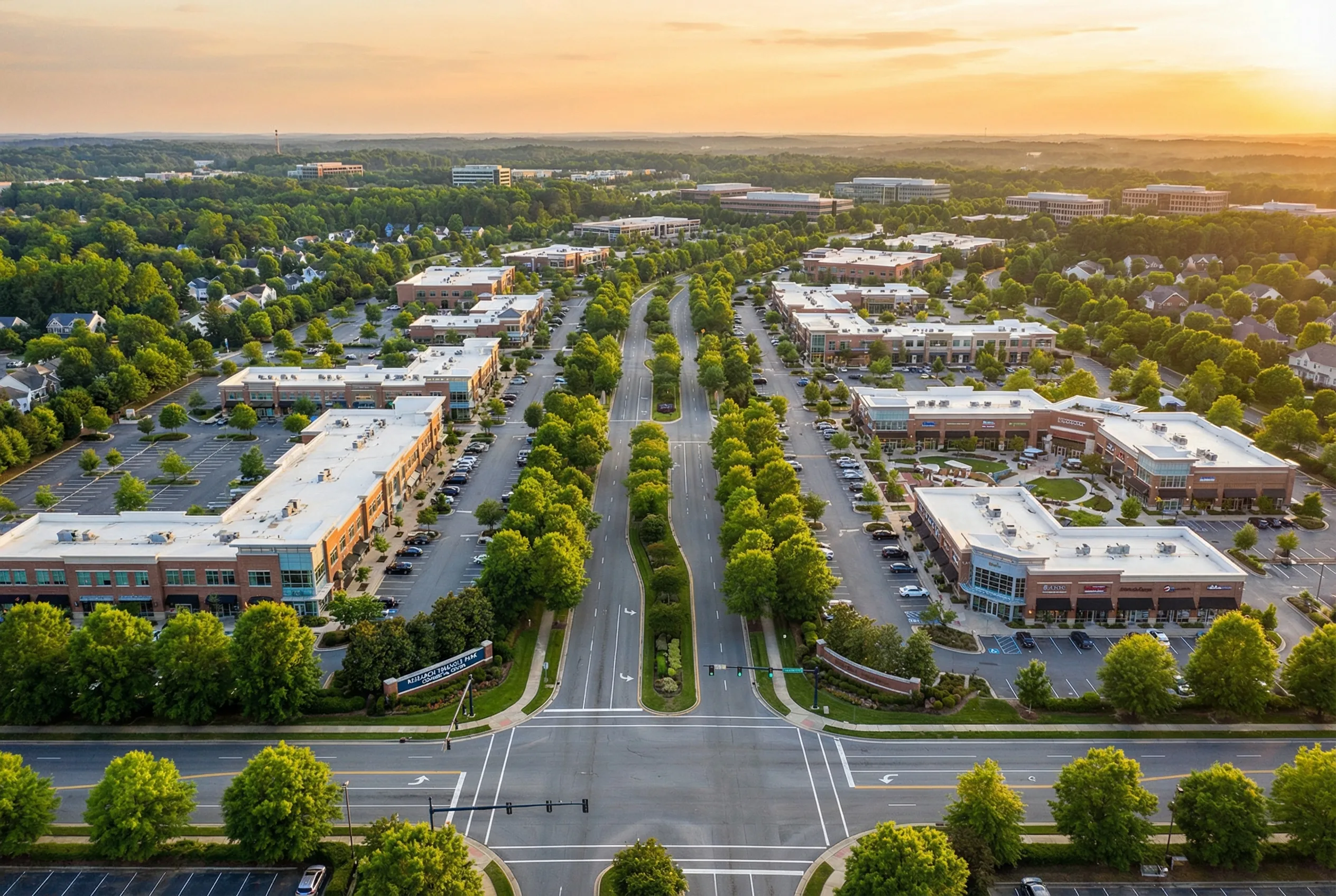 An aerial view of a well-maintained suburban North Carolina commercial district with tree-lined streets and modern shopping centers in golden afternoon light