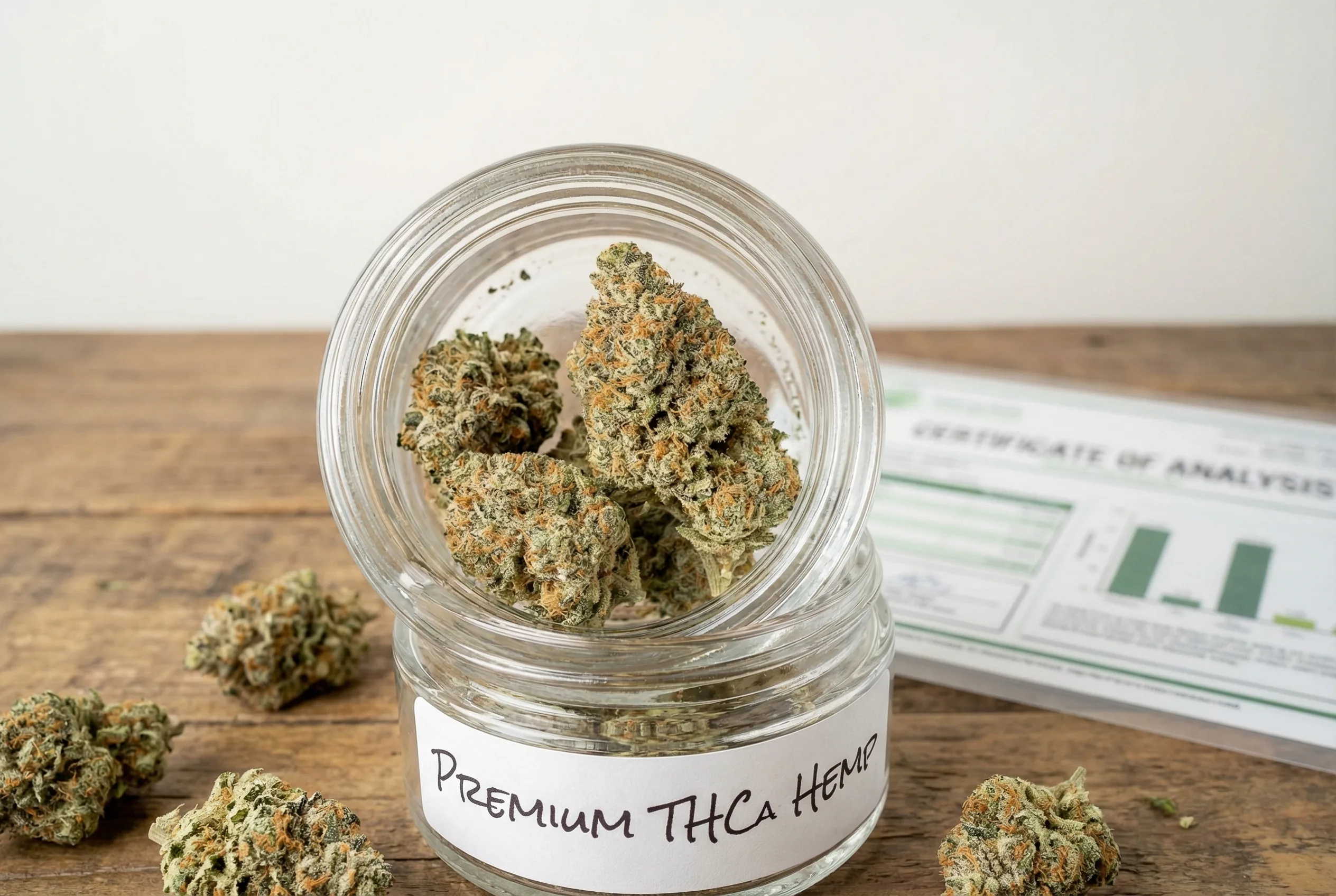 Premium hemp THCa flower buds in an open glass jar on a wooden surface with soft natural light highlighting the trichomes and a blurred certificate in the background