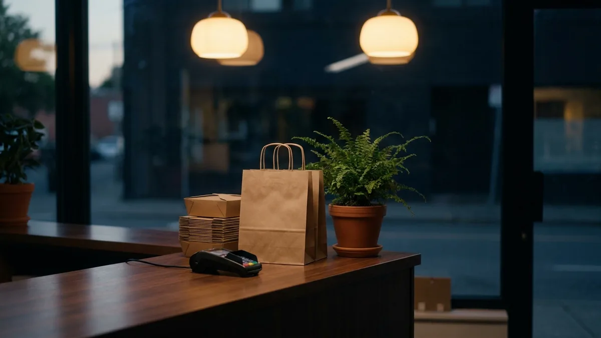 A quiet shop checkout counter at dusk with a card terminal, kraft paper bags, stacked plain boxes and a potted fern under warm pendant lights
