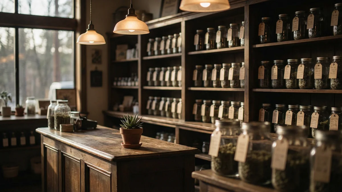 Interior of a cozy boutique hemp shop with warm wood shelving and organized product jars
