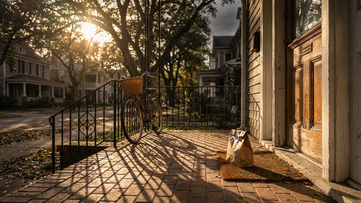 A hemp delivery package on a residential doorstep in a tree-lined neighborhood