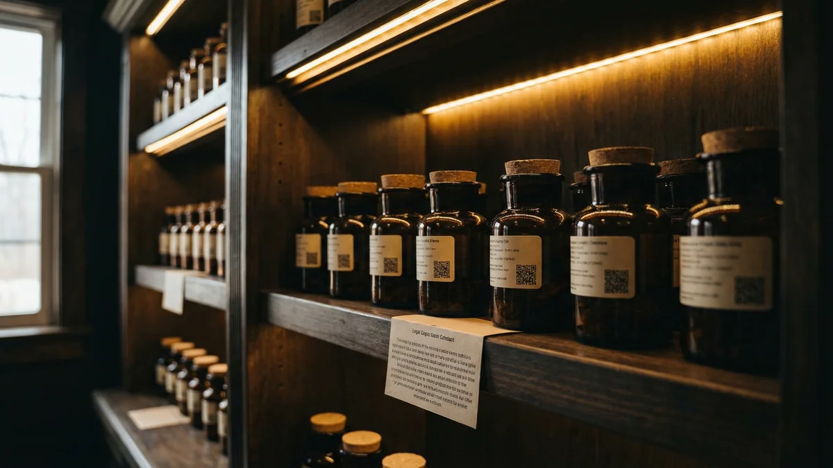 Hemp products with legal compliance labels displayed on a dispensary shelf