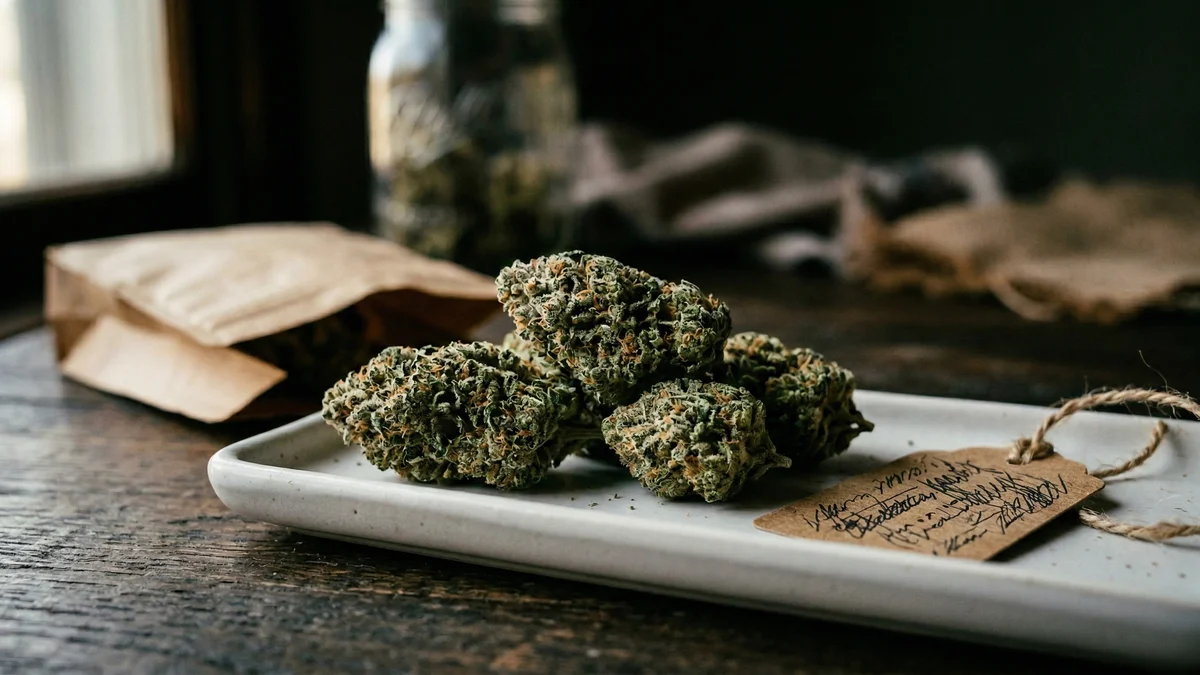 Premium hemp flower buds on a ceramic tray with natural warm lighting