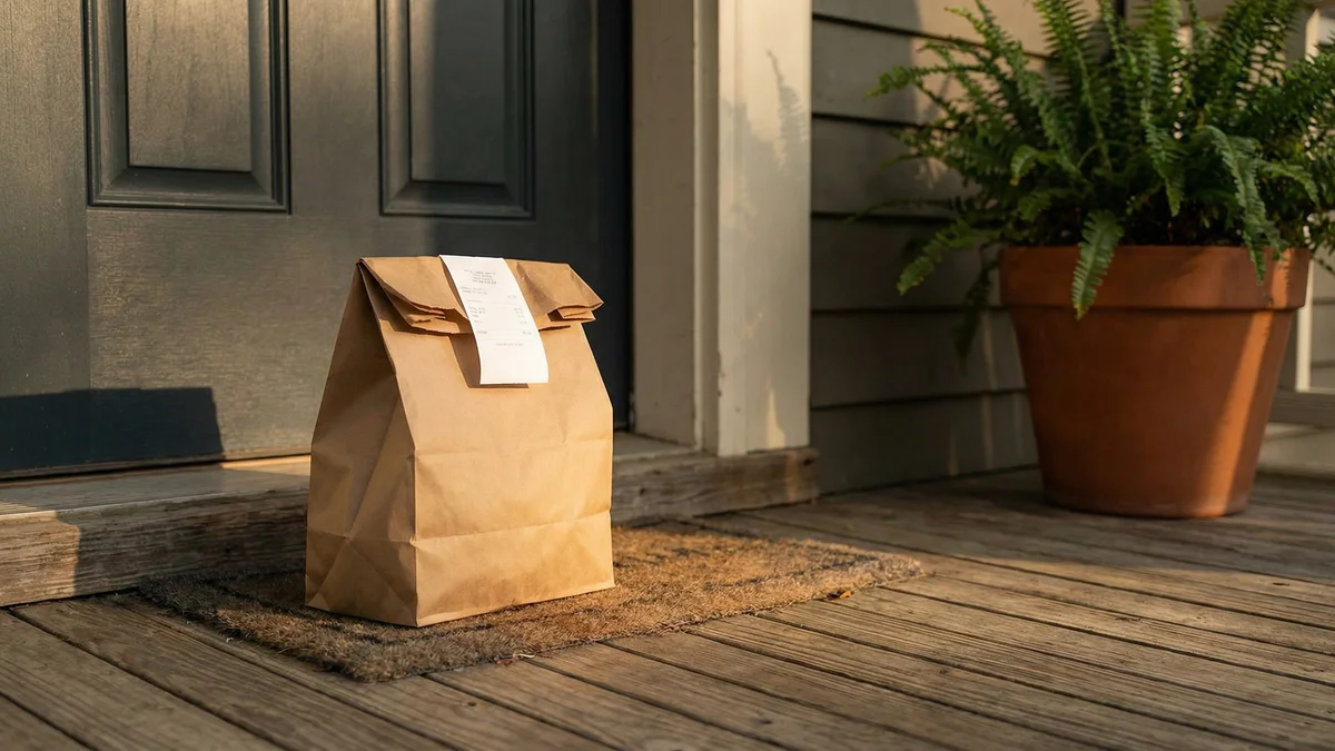 A branded dispensary delivery bag on a doorstep representing home delivery service