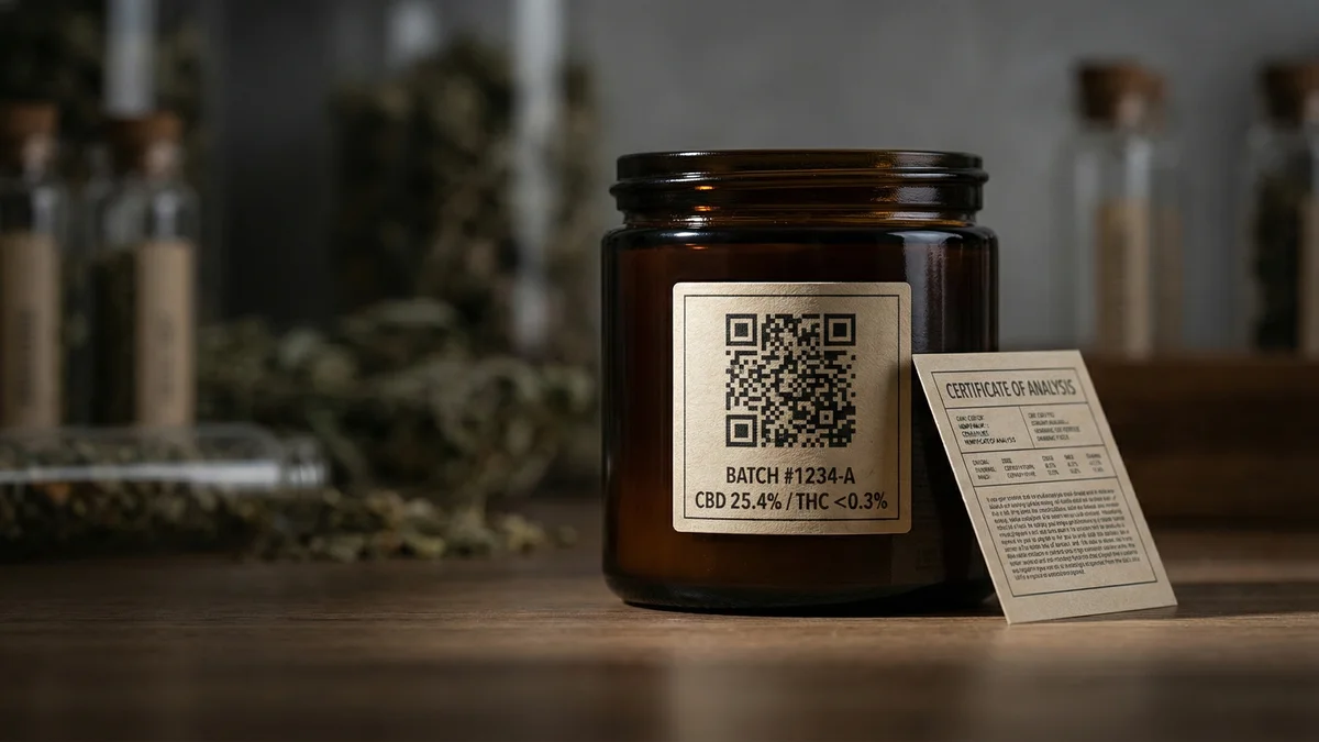 A hemp product with a visible COA QR code and legal compliance label