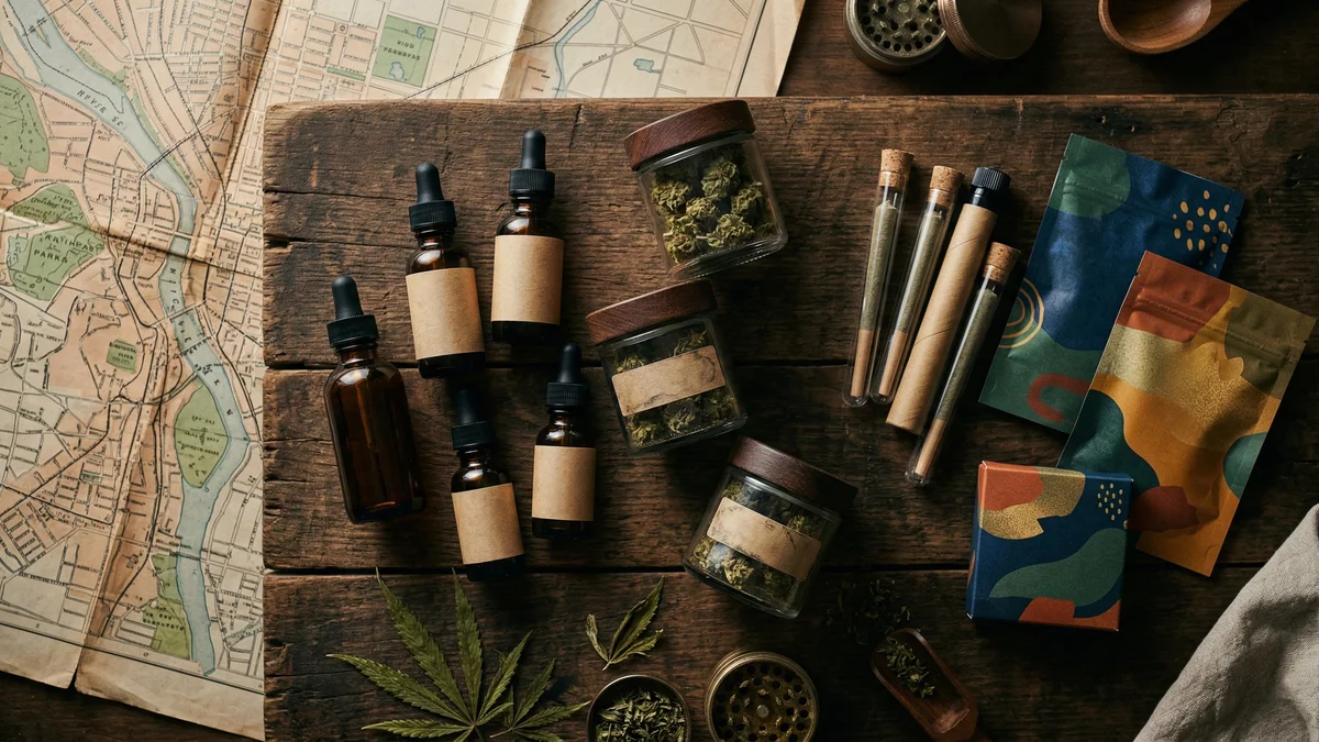 Overhead flat lay of assorted hemp products including tinctures, flower jars, and edibles