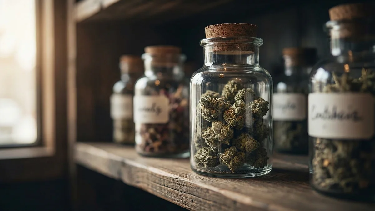 Cannabis flower buds in a clear glass apothecary jar on a wooden dispensary shelf