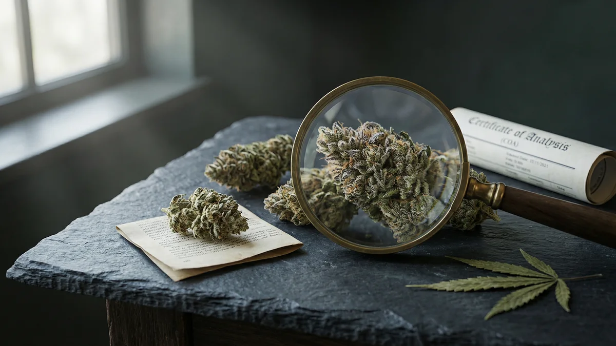 Cannabis buds with a magnifying glass showing trichome detail in editorial product photography