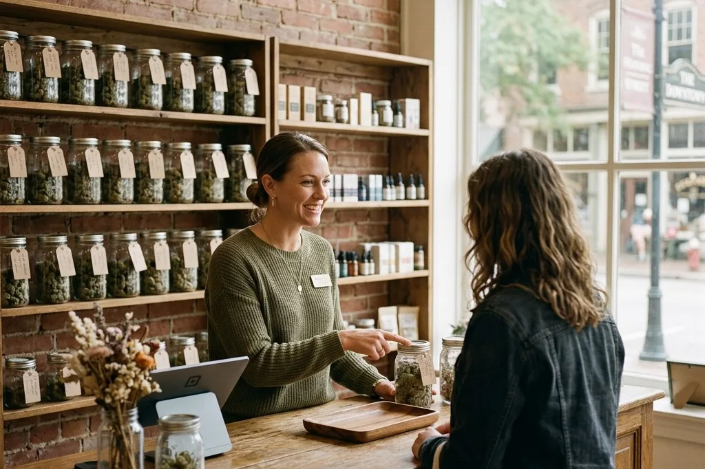Shop staff member greeting a customer from behind a wooden retail counter inside a downtown hemp dispensary with labeled jars of flower on shelves behind them