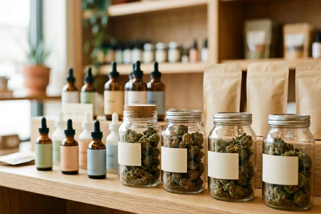 Close-up retail display of hemp flower in glass jars alongside CBD tincture bottles and unbranded edible packages on a wooden shelf
