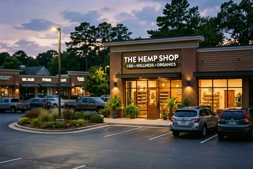 Suburban hemp dispensary storefront at dusk on a South Main Street commercial strip, with warm interior lighting and neatly landscaped parking area