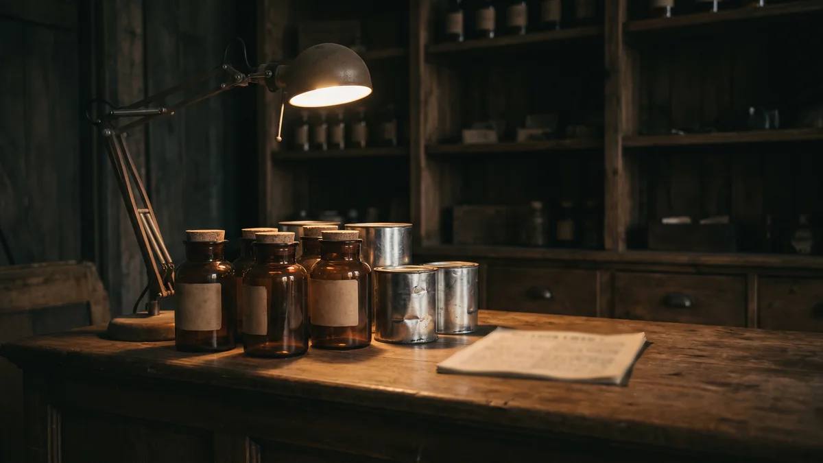 A row of sealed hemp product containers on a shop counter under a work lamp, with a printed certificate of analysis lying open beside them