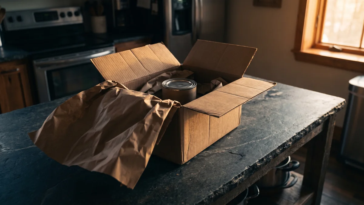 A cardboard shipping box opened on a kitchen counter with packing material and a sealed product container inside, lit by low evening light through a window