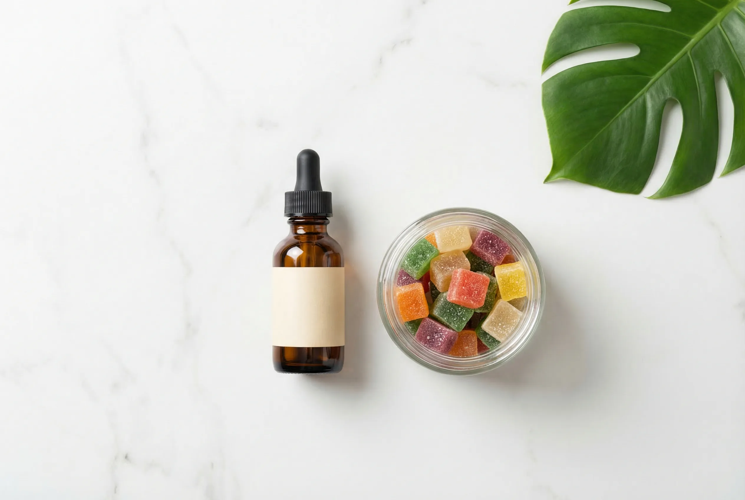 Person sitting peacefully in a sunlit room with a cup of tea and a small bottle of CBD oil nearby