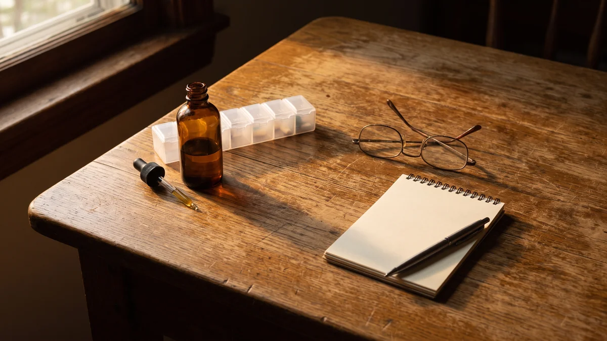 An amber glass tincture bottle with a graduated dropper resting on a kitchen table beside a weekly pill organizer, a pair of reading glasses, and a small notebook, in warm morning light