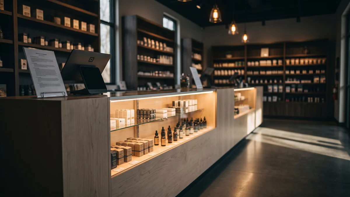 Interior of a clean modern hemp retail shop with a wooden display counter, glass cases of clearly labeled products, warm lighting, and a printed lab report displayed beside the register