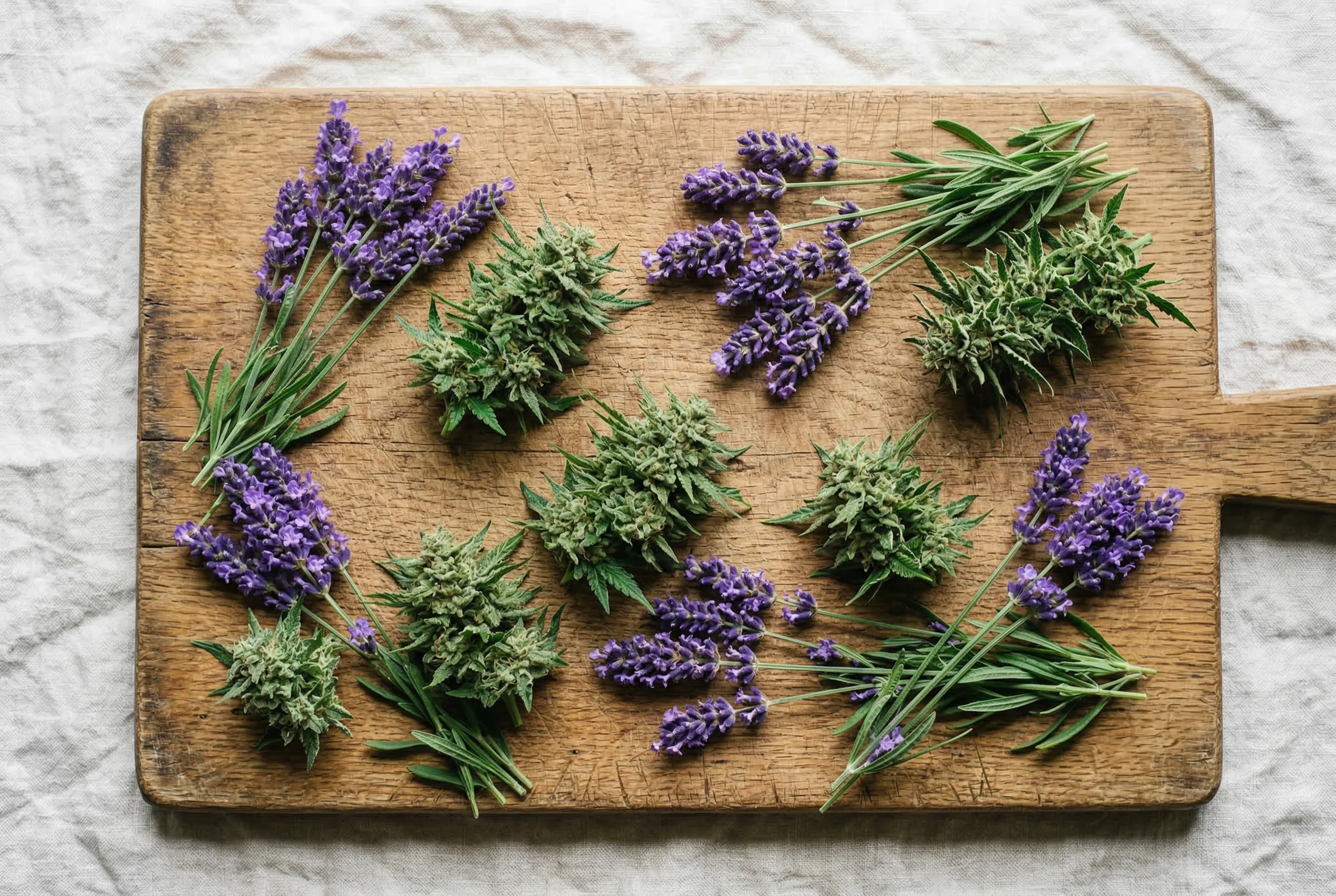 Fresh lavender sprigs and cannabis buds arranged on a wooden surface representing sleep-promoting terpenes