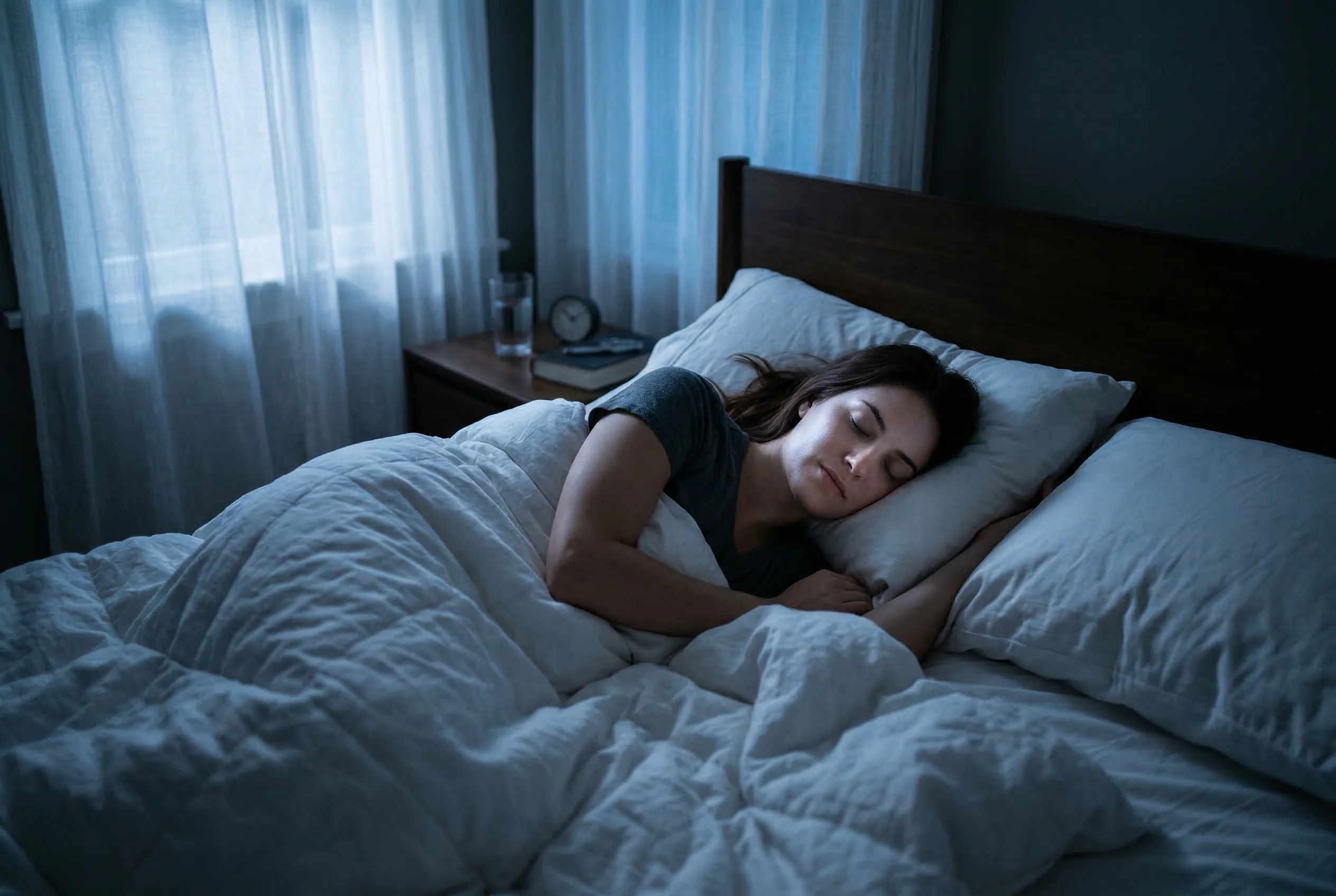 A person peacefully sleeping in a dark bedroom with soft blue moonlight through curtains