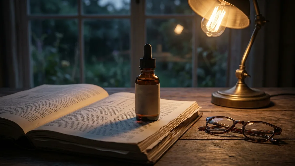 An amber CBD tincture bottle with a dropper standing on an open reference book beside reading glasses under a desk lamp