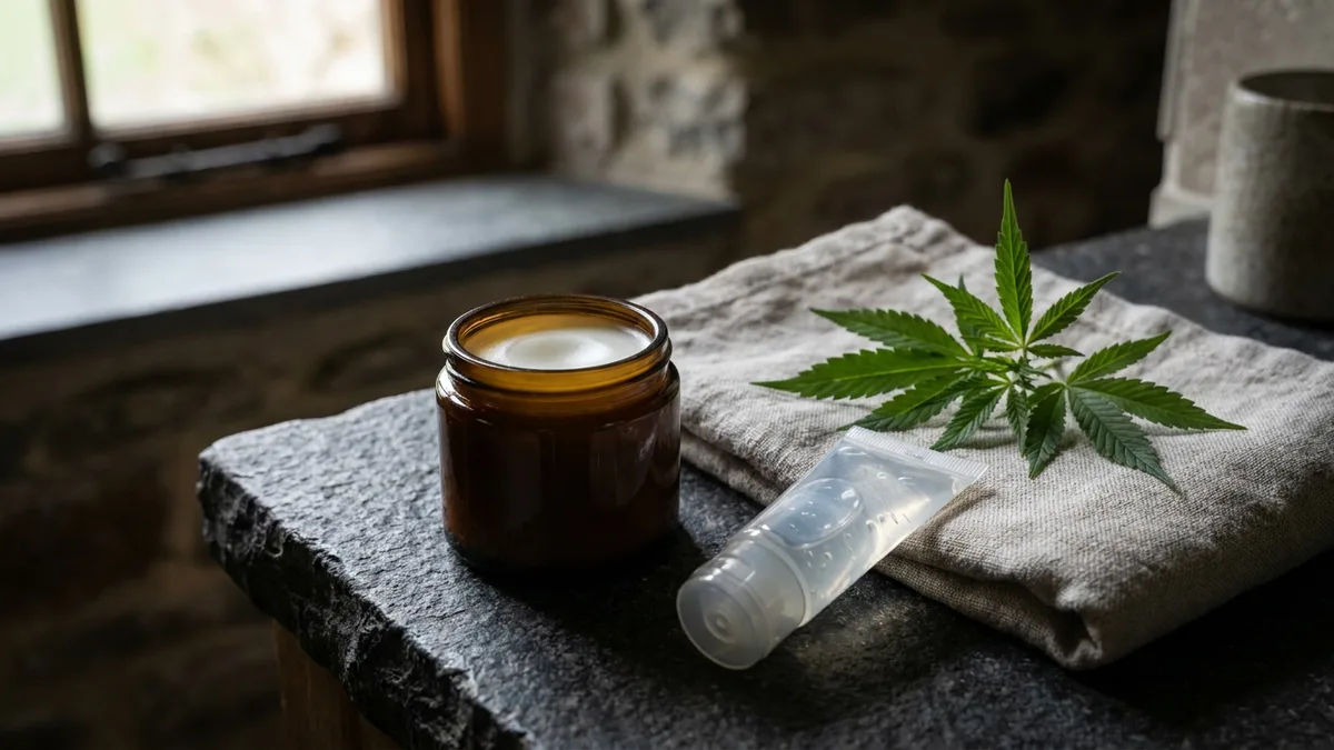 An open amber jar of CBD balm and a small clear tube of topical gel on a stone counter beside a folded linen towel and a hemp leaf