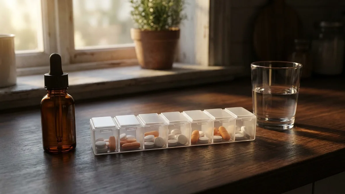 A weekly pill organizer with assorted tablets on a kitchen counter next to an amber CBD tincture bottle and a glass of water