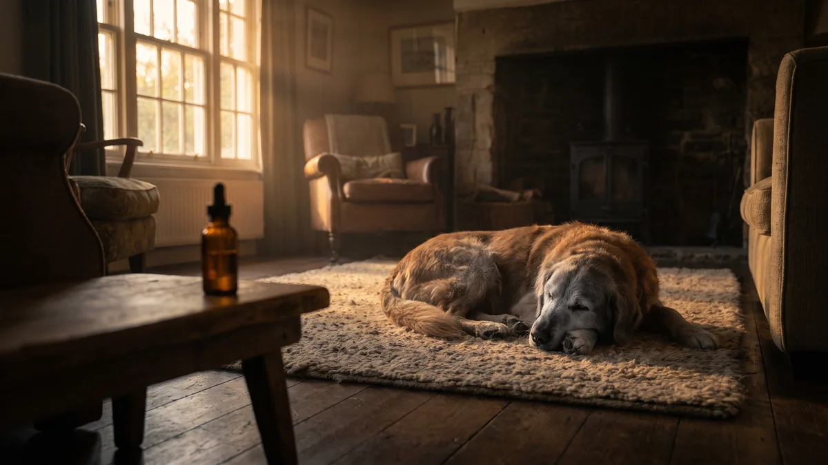 A senior dog resting on a rug beside a window in late-afternoon light, with a small unlabeled amber dropper bottle on a low wooden table nearby