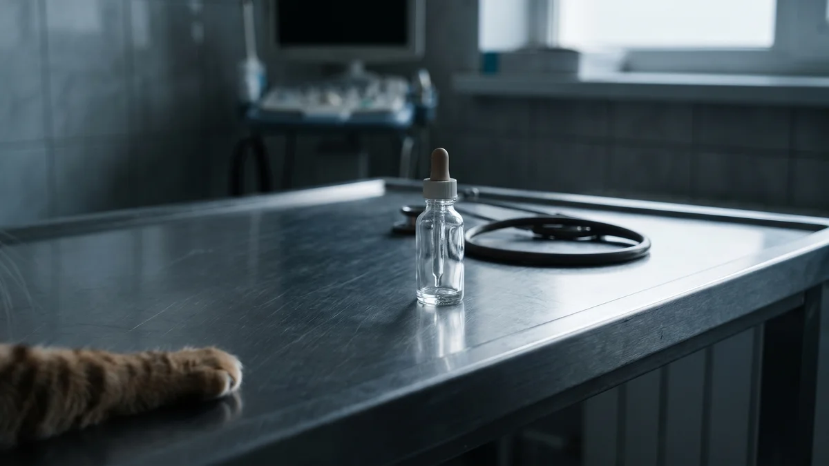 A small dropper bottle and a stethoscope resting on a stainless veterinary exam table, with a cat's paw just visible at the edge of the frame in soft clinical light