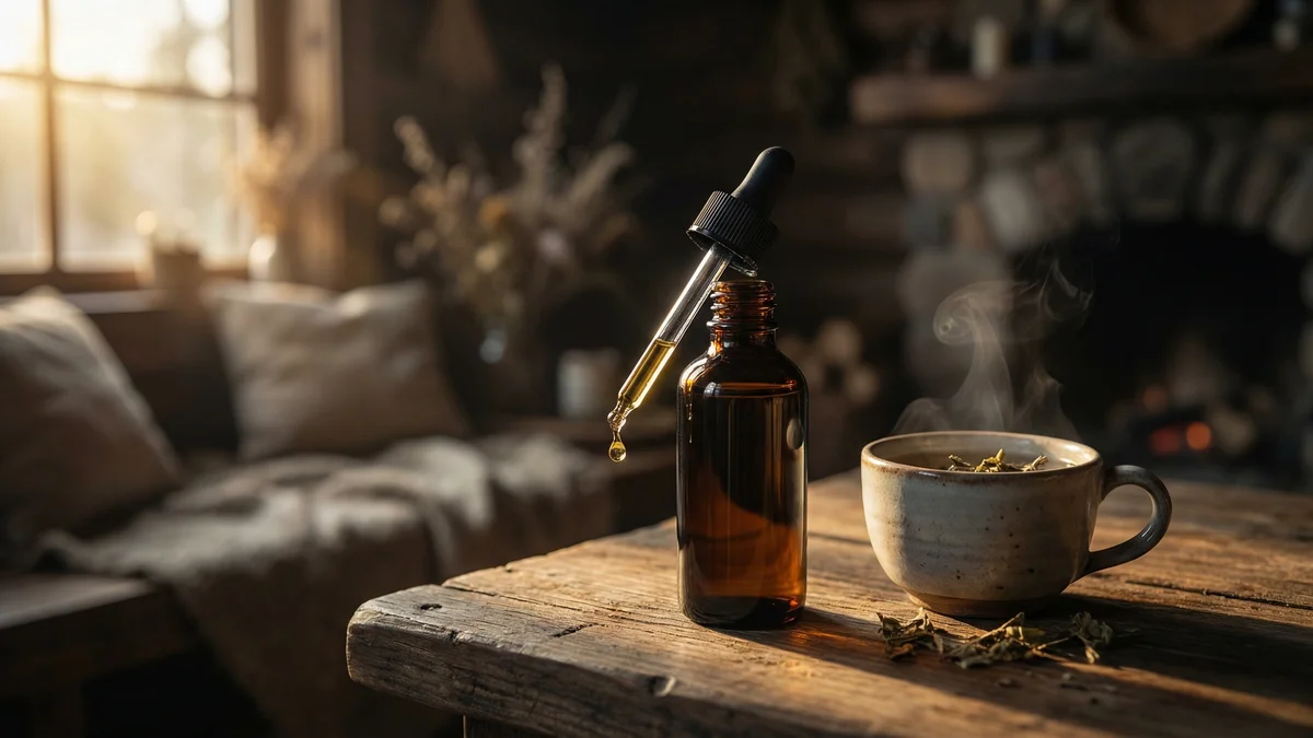 Amber glass dropper bottle of CBD oil with a golden drop suspended from the dropper