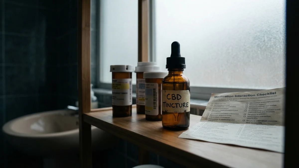 CBD oil bottle beside prescription medication bottles suggesting drug interaction awareness