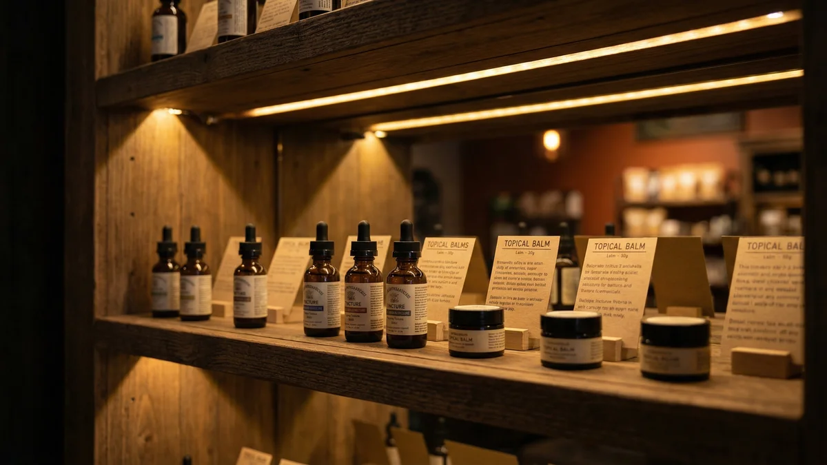 A row of CBD products on an illuminated dispensary shelf with warm accent lighting