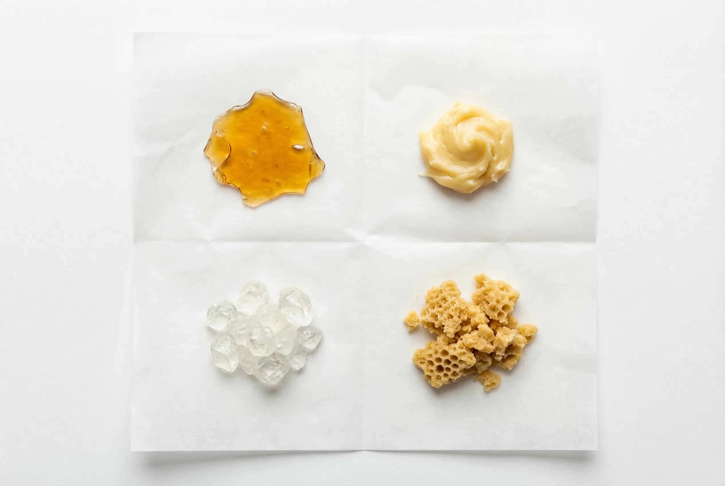 Close-up of golden THCa concentrate textures showing shatter, wax, and diamond formations