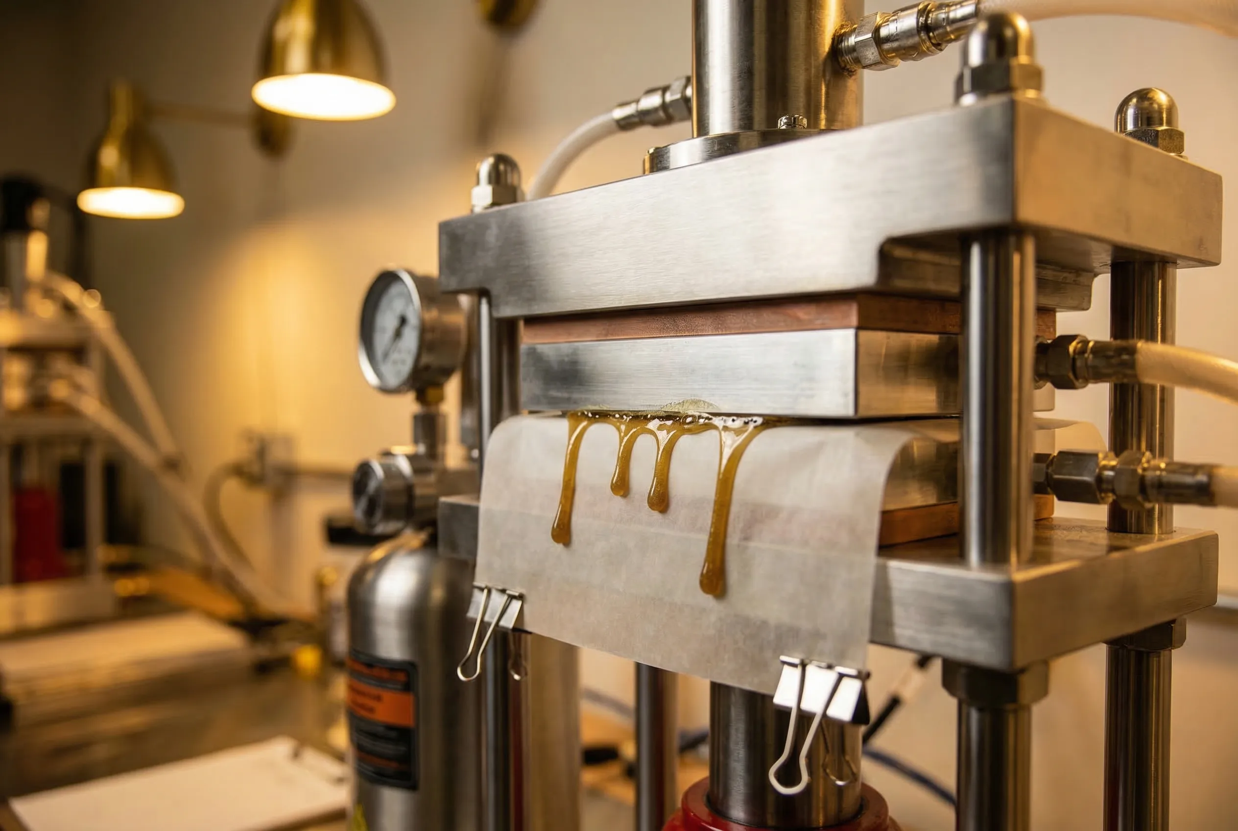 Hydraulic rosin press with golden amber cannabis resin dripping onto parchment paper