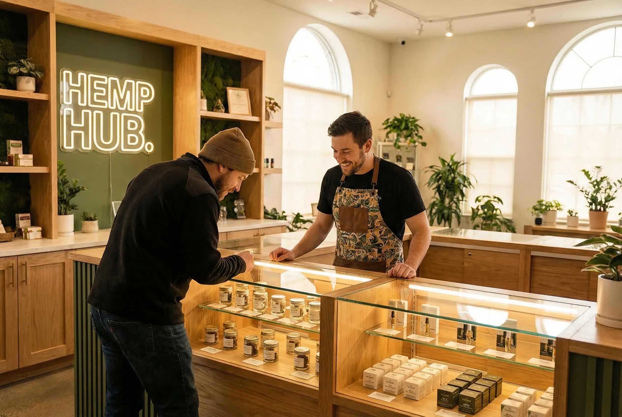 A customer at a dispensary counter examining THCa concentrate products with a budtender nearby