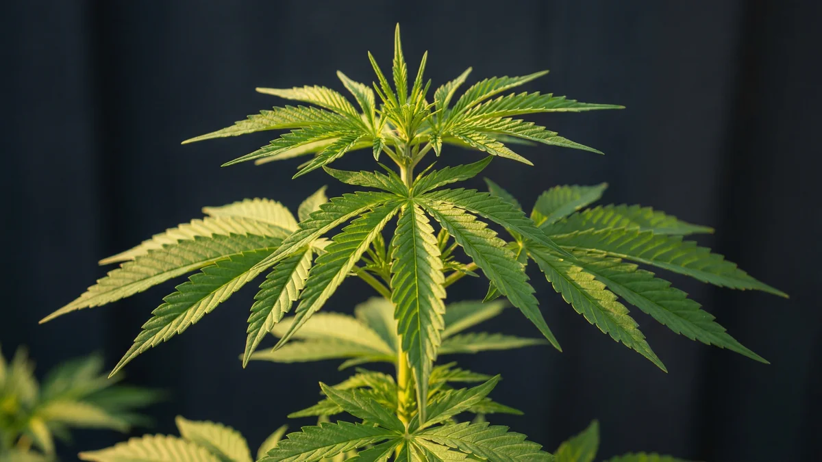 A vibrant green cannabis hemp plant with detailed fan leaf structure