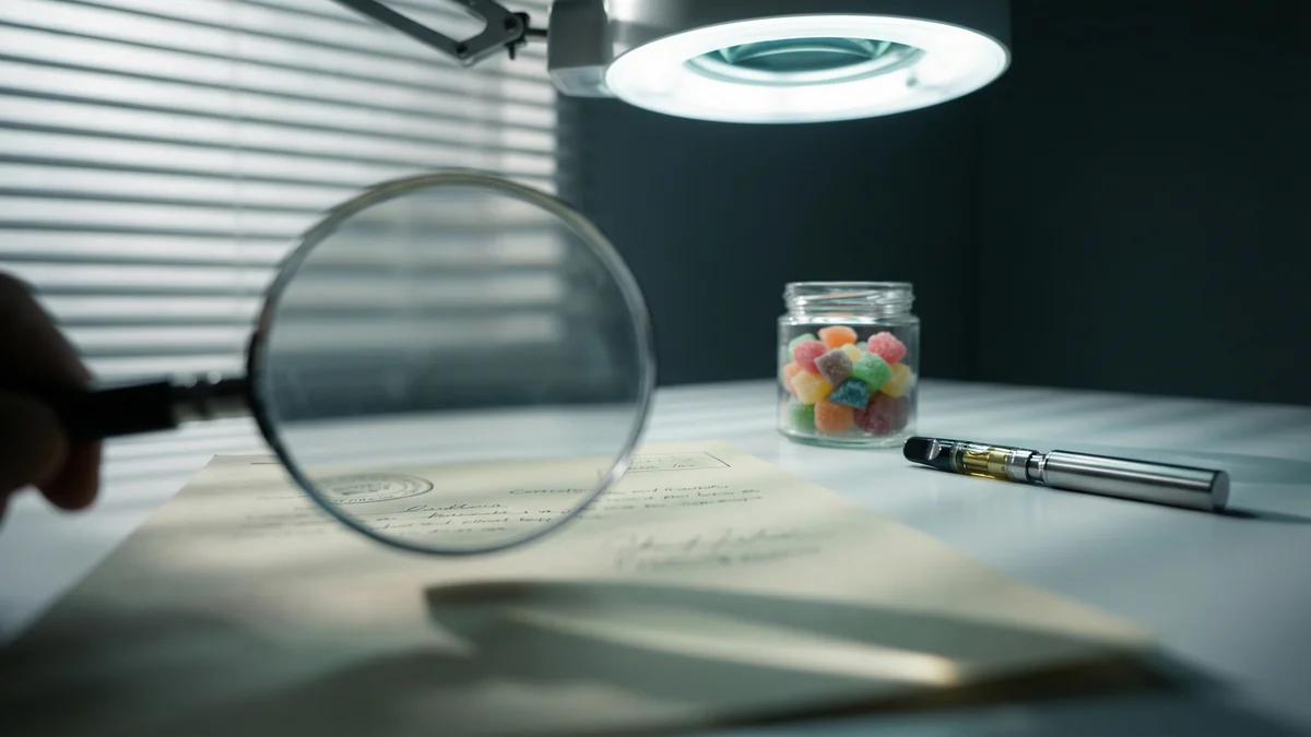 A magnifying glass over a lab report with hemp products in the background