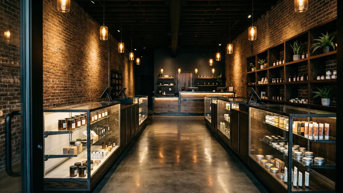 Modern dispensary interior with glass display cases, pendant lights, and exposed brick walls
