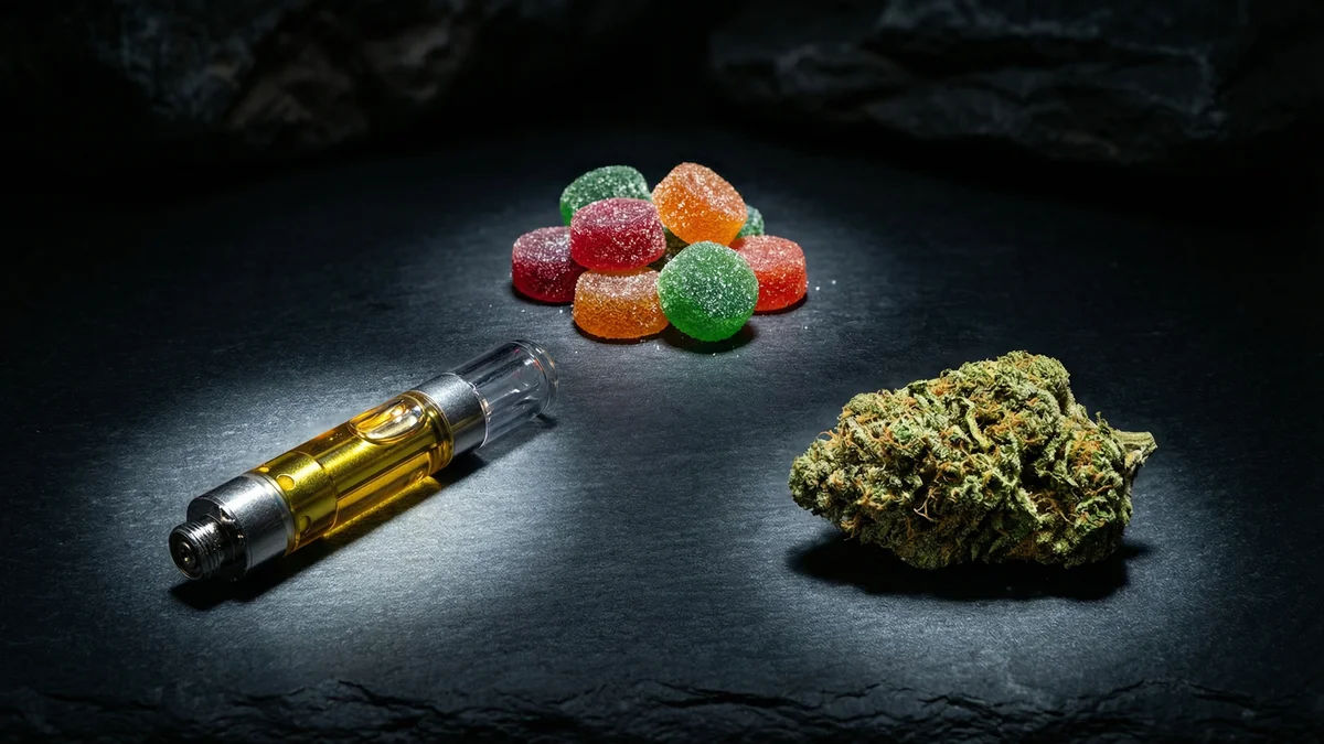 A vape cartridge, gummy jar, and hemp flower grouped together, all three produce the same THC metabolite on a drug test