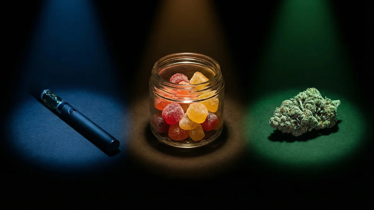 Three hemp products side by side, a vape pen, gummy jar, and flower bud, representing consumer choice