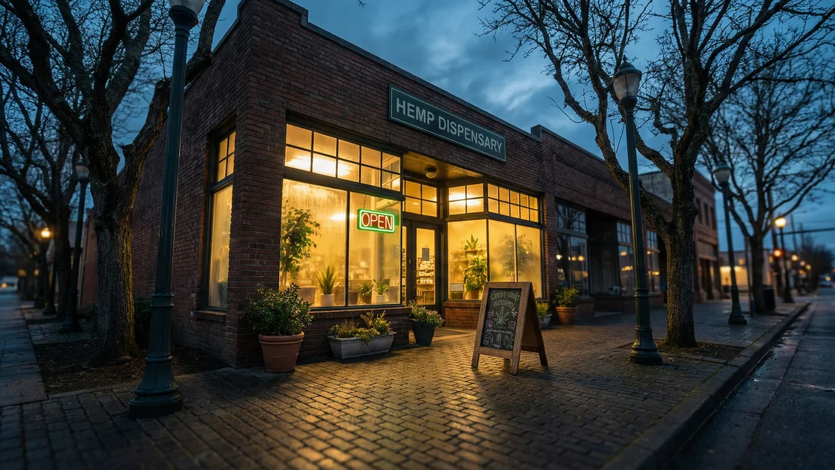 Hemp dispensary storefront with warm light and an open sign, retail shop for legal hemp-derived products in North Carolina