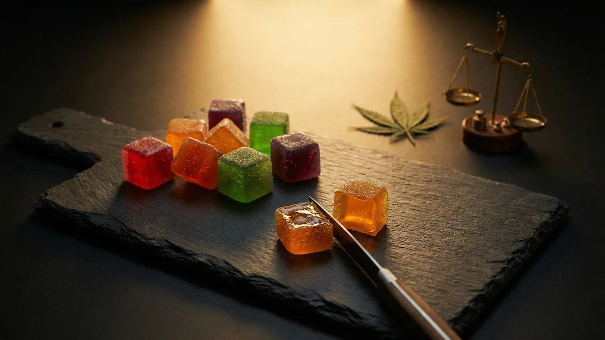 Colorful hemp-derived gummy edibles arranged on a dark surface