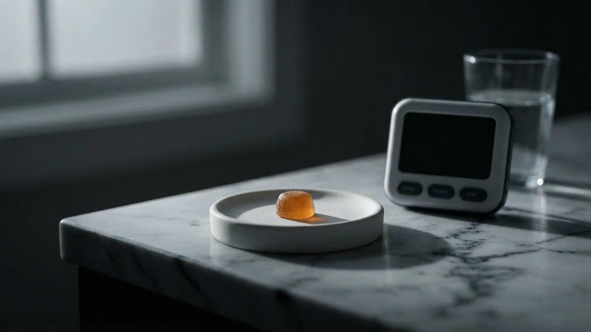 A single gummy on a small dish with a timer nearby suggesting careful dosing