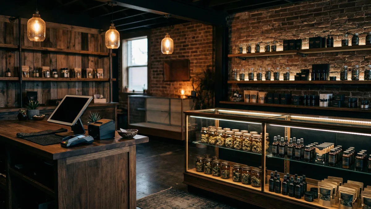 Interior of a modern hemp dispensary with glass display cases and warm lighting