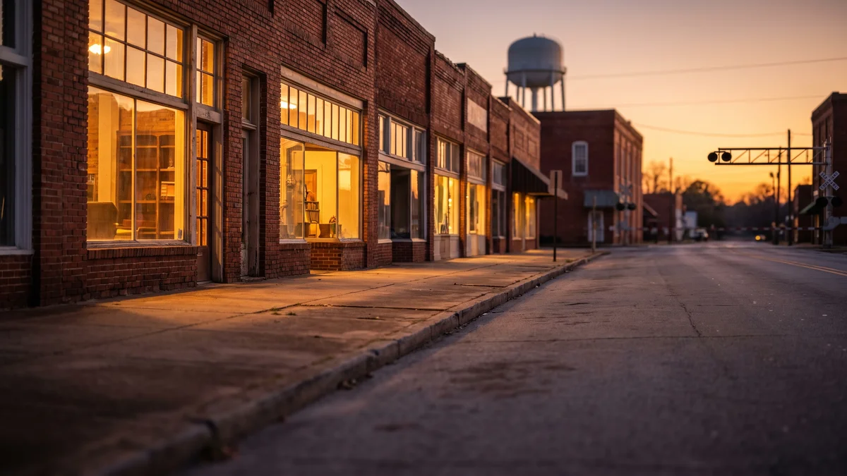 A small-town Southern main street at golden hour with low two-storey brick storefronts, warm light in the display windows, a railroad crossing sign and a water tower in the distance, no people