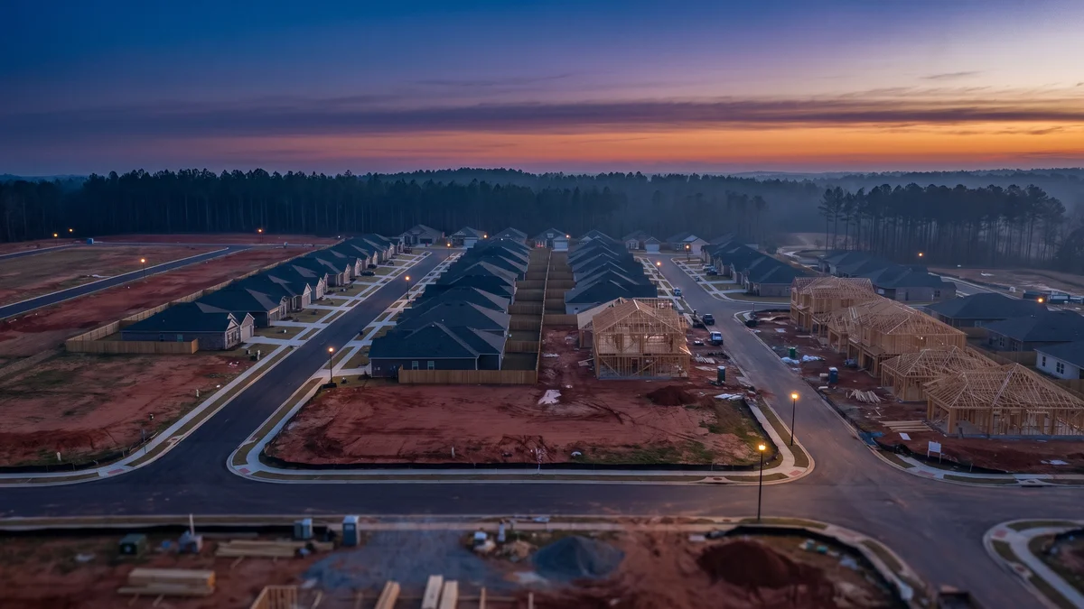An elevated view over rows of new suburban houses under construction at dusk, bare roof framing and finished rooftops side by side, red clay lots and a pine tree line on the horizon