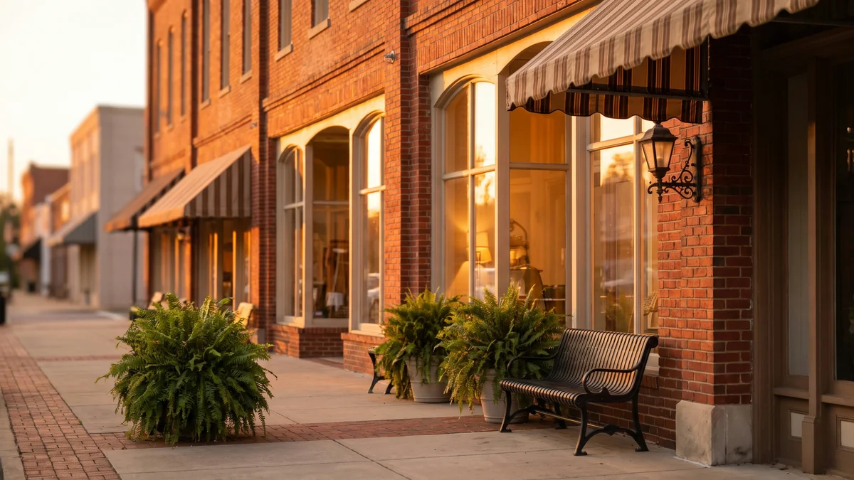 Restored small-town Main Street at golden hour in the American South, brick storefronts with tall display windows and warm light inside, wide sidewalk with a bench and planters, low-rise historic buildings receding down the block, no people