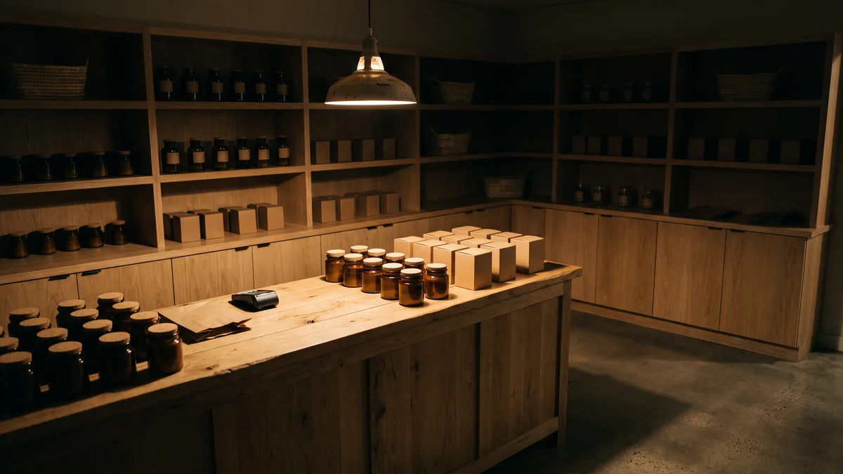 Interior of a small independent hemp retail counter, clean wood shelving with labeled glass jars and product boxes, soft warm overhead lighting, simple checkout counter with a card reader, no people and no signage text
